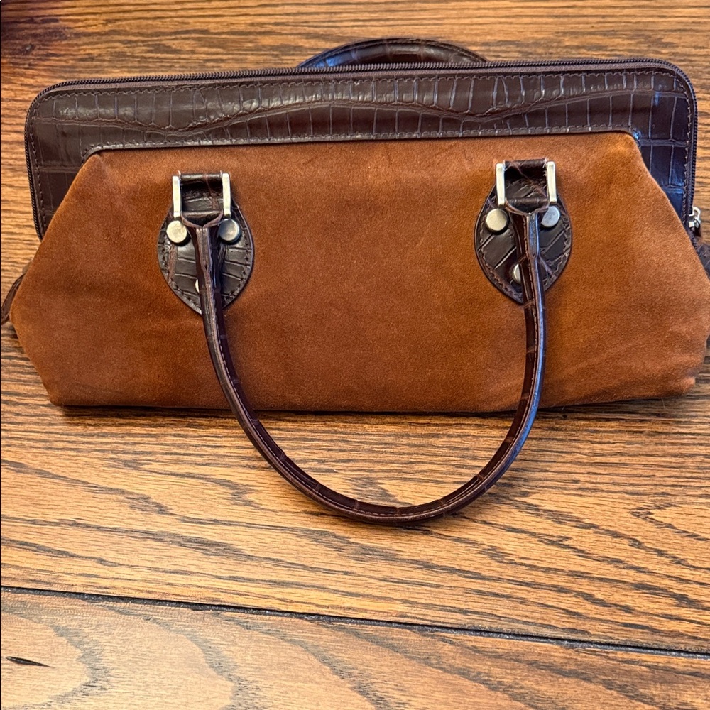 Brown Suede Leather Satchel Bag Croc Trim Doctor Style Vintage